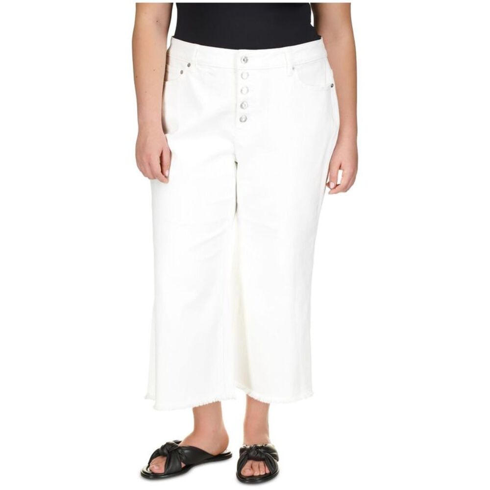 Michael Kors Womens Frayed Hem Straight Leg Regular Cropped Jeans, , Plus Siz...